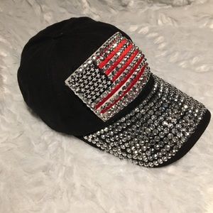 RHINESTONE AMERICAN FLAG BLACK COTTON BASEBALL CAP